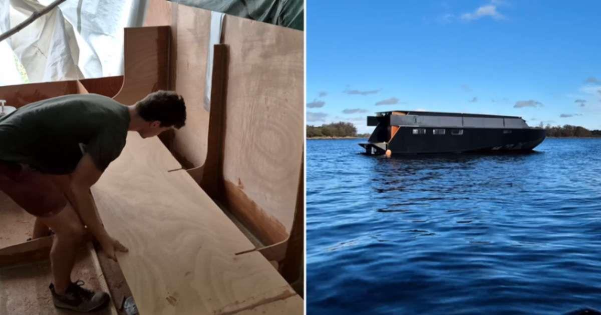 (L) Man who spent 200 days building a solar-powered yacht; (R) Solar-powered explorer yacht Helios 11 on water (Cover Image Source: YouTube | @True North Yachts)