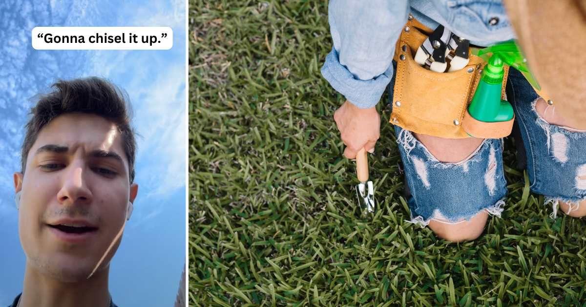 (L) Man finds a rock while doing the screwdriver test in his lawn (Cover Image Source: TikTok | @joshua.hur) | (R) A person with gardening tools sitting on the lawn (Representative Cover Image Source: Freepik | freepik)