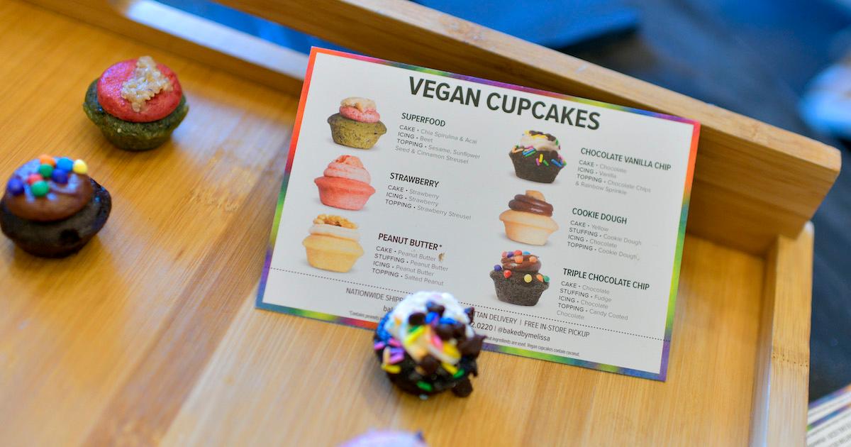 A view of vegan cupcakes on a tray from Baked by Melissa