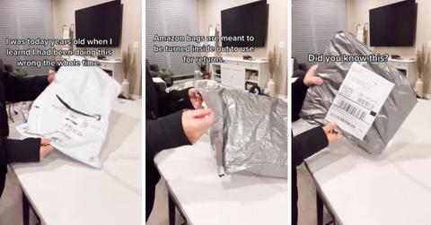 Screenshots from TikTok video on turning Amazon bags inside out for returns.