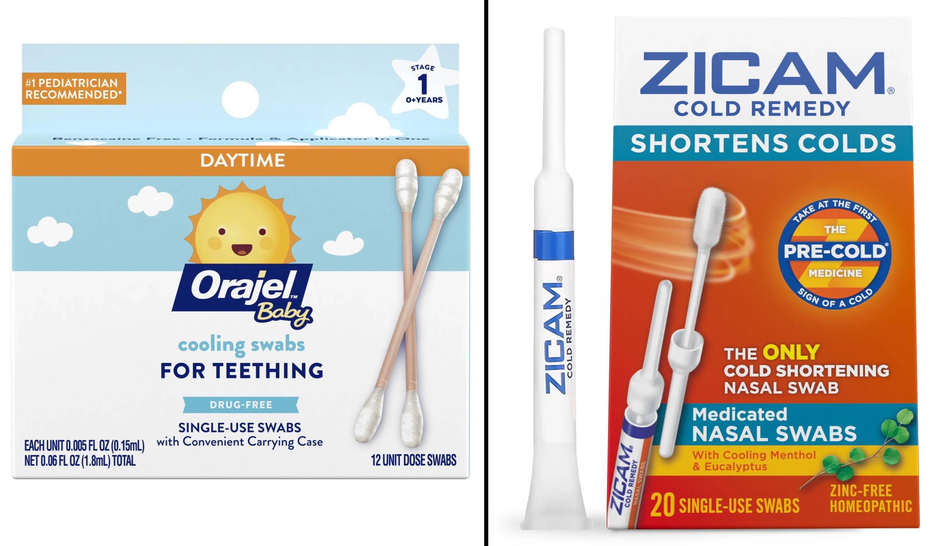 Two products are pictured: Orajel Baby Cooling Swabs and Zicam Medicated Nasal Swabs.