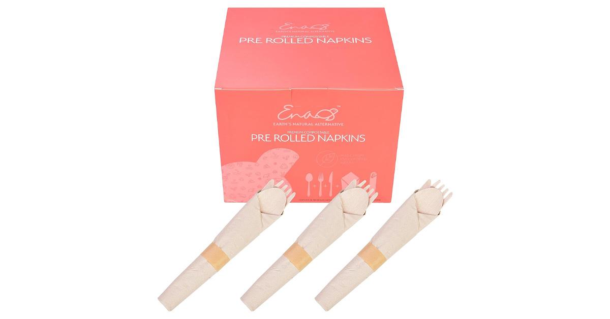 a coral colored box and three sets of disposable silverware wrapped in napkins