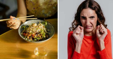 (L) Woman eats a bowl of salad in a restaurant, (R) Woman expresses disgust (Representative Cover Image Source: Pexels | (L) Cottonbro Studio, (R) Pavel Danilyuk)