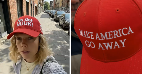 People of Greenland are spotted wearing red and white hats that say "Make America Go Away"