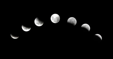 A photo of seven of the moon phases in front of a black sky.