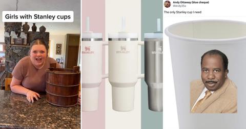 A screenshot of a girl holding a barrel with the text "Girls with Stanley cups," a row of different colored Stanley cup tumblers, and a tweet by Andy Ottaway that says "The only Stanley cup I need" with a photo of Stanley from 'The Office' on a paper cup.