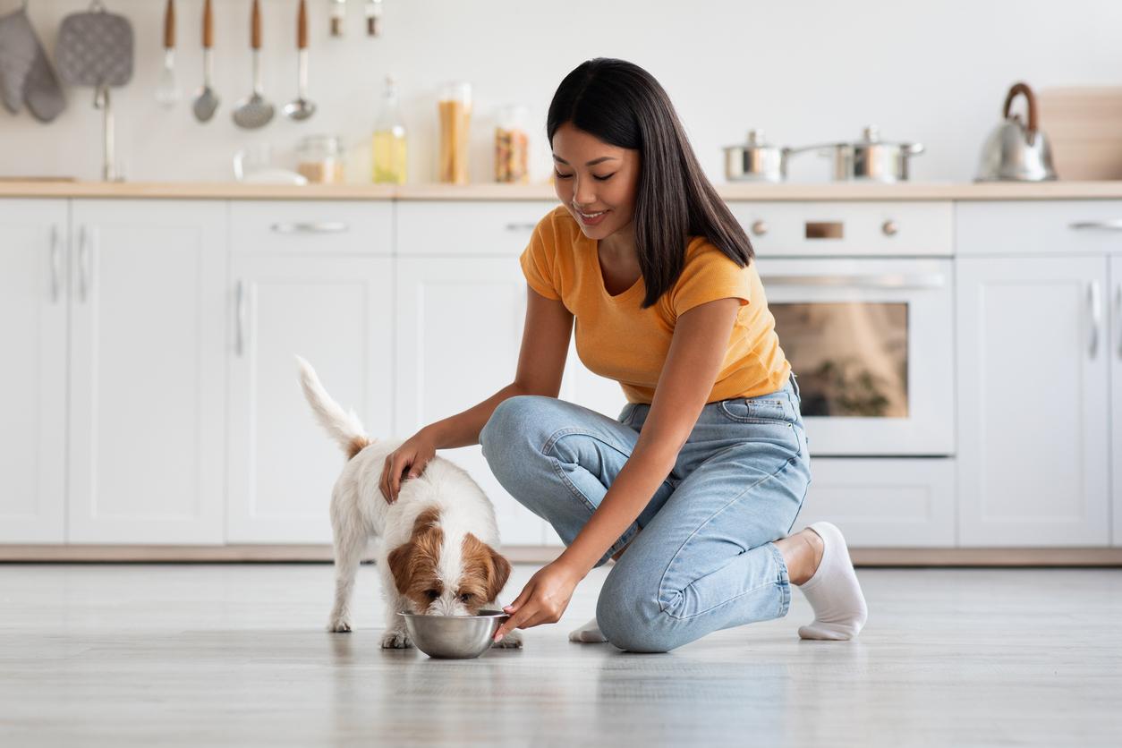 A pet parent in an orange shirt and jeans smiles upon her dog, who is eating from a metal bowl in a kitchen.