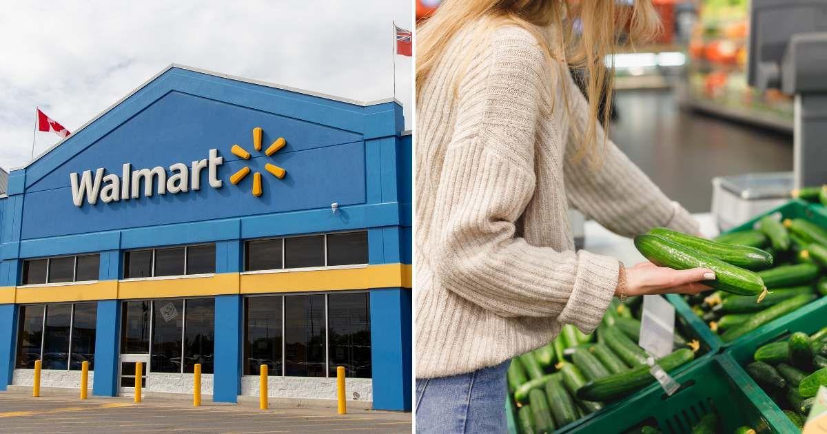 (L) The entrance to the Walmart department store; (R) A person shopping for cucumbers. (Representative Cover Image Source: Getty Images | (L) Iryna Tomachova; (R) Vladdeep)