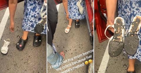 woman switching shoes after sandals melted in heat