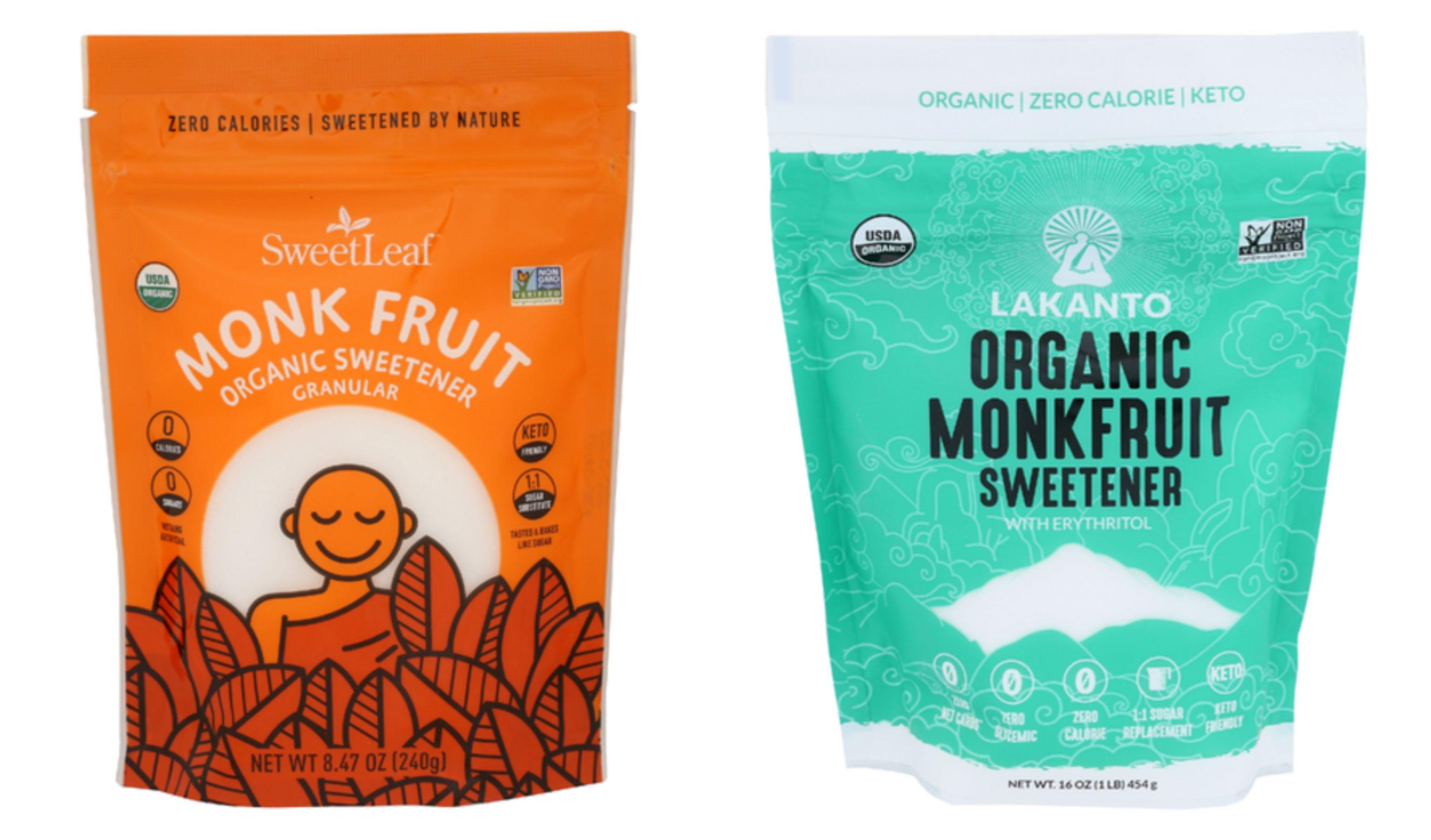 Two brands of monk fruit sweetener are pictured.