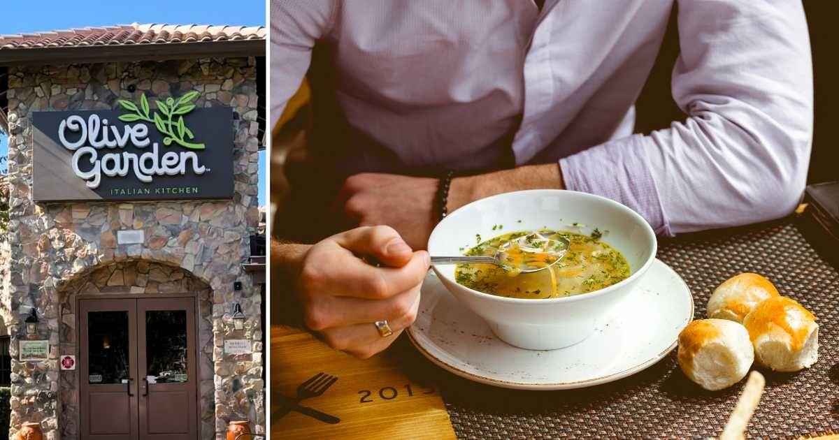 (L) An Olive Garden outlet featuring its logo (Cover Image Source: Instagram | @olivegarden), (R) A Man having minestrone soup in a restaurant (Representative Cover Image Source: Freepik | Stock King)