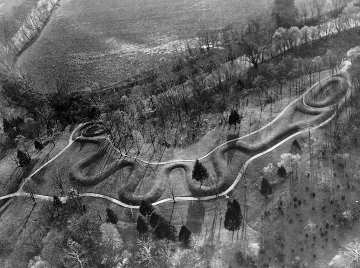 Aerial black and white view of Great Serpent Mound