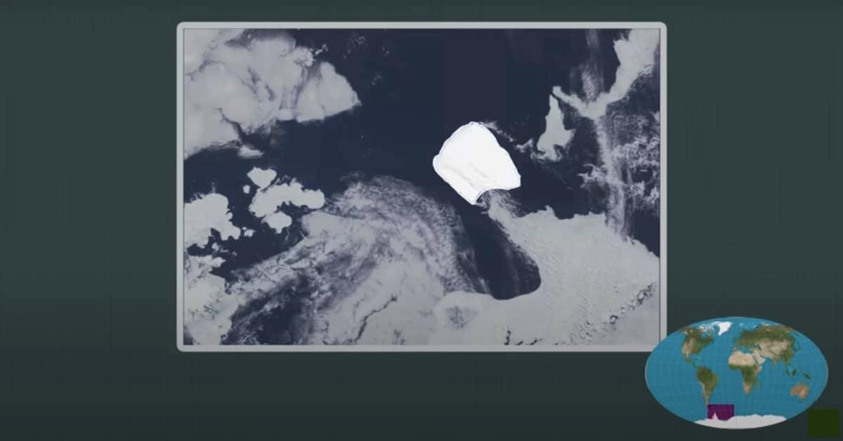 Sattelite image of the A23a on it's way into Iceberg Alley. Insert of world map showing it's location.