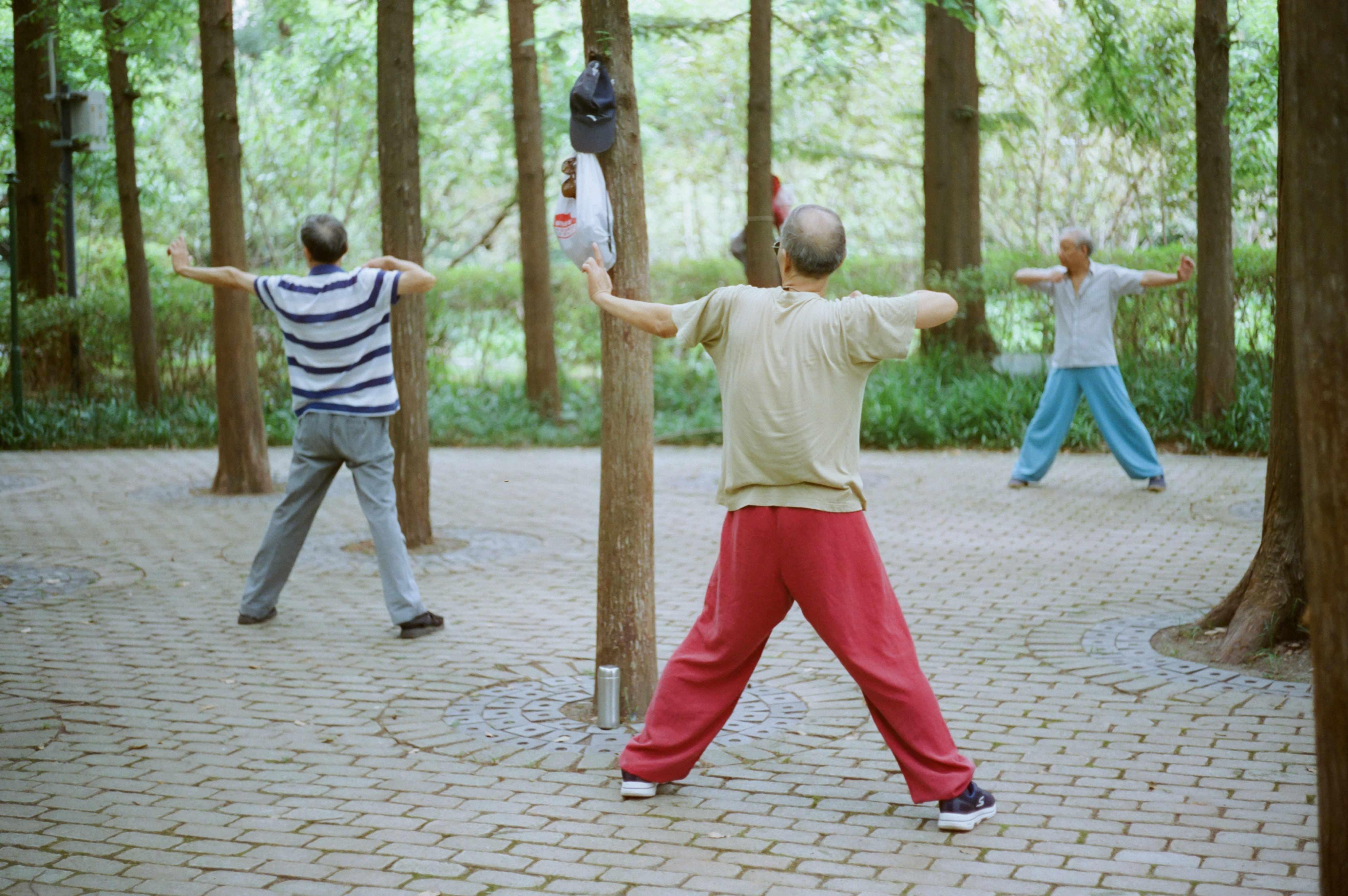 Older adults in Japan perform Tai Chi movements.