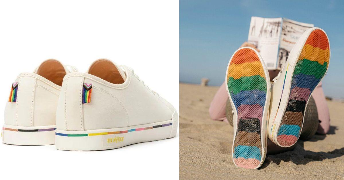 A pair of pride shoes next to rainbow soles and someone relaxing on a beach. 