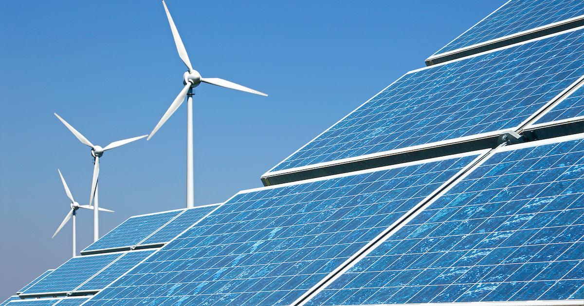 Solar panels and wind turbines. 