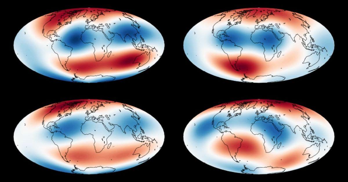 Simulated maps of Earth’s magnetic field (L) can only look like those of the real field (R) if Earth’s core is assumed to have hot blobs of rock sitting directly on top of it. (Cover Image Source: A. J. Biggin et al., 2026/University of Liverpool)