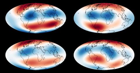 Simulated maps of Earth’s magnetic field (L) can only look like those of the real field (R) if Earth’s core is assumed to have hot blobs of rock sitting directly on top of it. (Cover Image Source: A. J. Biggin et al., 2026/University of Liverpool)