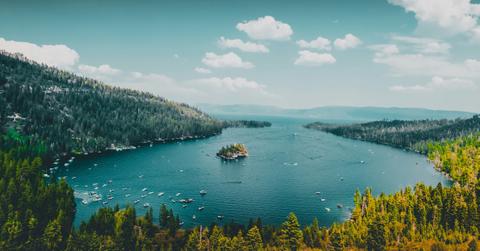 Boats dot the water basin in Lake Tahoe