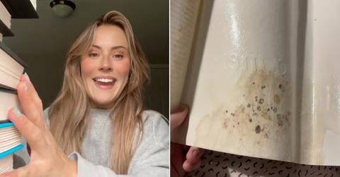 Side-by-side images of TikTokers discussing/showing off moldy books