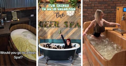 Three screenshots from TikTok videos of people in tubs at beer spas