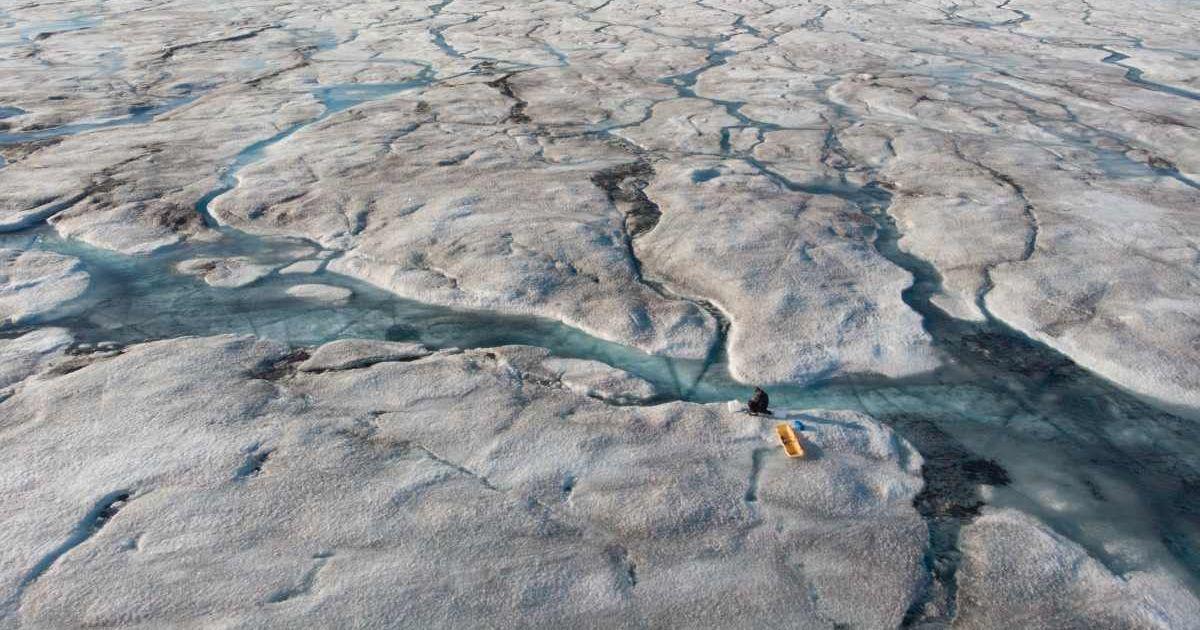 Researcher taking samples of algae spread in dark patches across the Greenland Ice Sheet. (Cover Image Source: Laura Halbach | Aarhus University)