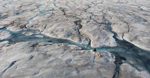 Researcher taking samples of algae spread in dark patches across the Greenland Ice Sheet. (Cover Image Source: Laura Halbach | Aarhus University)
