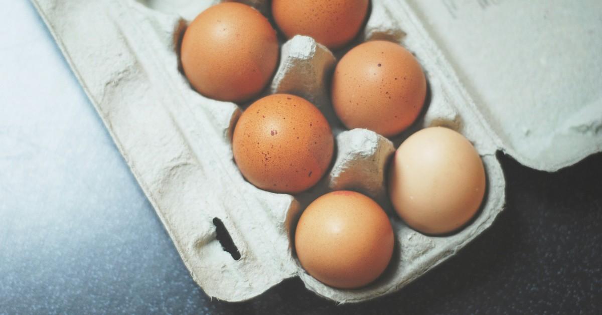 A container of store bought brown eggs sits on the kitchen counter