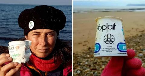 (L) Environmental activist holding a plastic cup from 1976 she found on a Spanish beach (Cover Image Source: Facebook | Maite Mompo) | (R) Plastic cup from 1976 (Cover Image Source: Reddit | u/Carryneo)