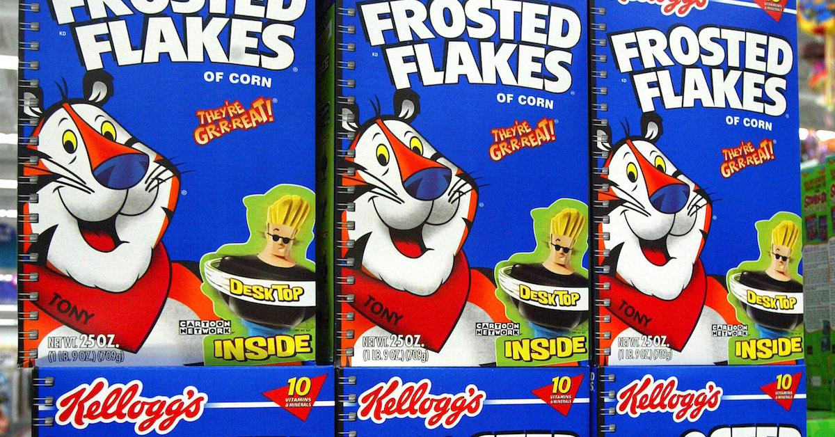 Boxes of Kellogg's Frosted Flakes on a store shelf