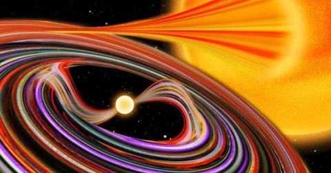 This artist’s concept depicts a smaller white dwarf star pulling material from a larger star (R) into an accretion disk. (Cover Image Source: MIT | Jose-Luis Olivares)