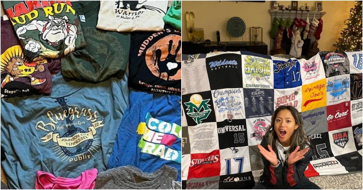 A pile of T-shirts (left), a girl sits on the ground in front of a T-shirt quilt (right).