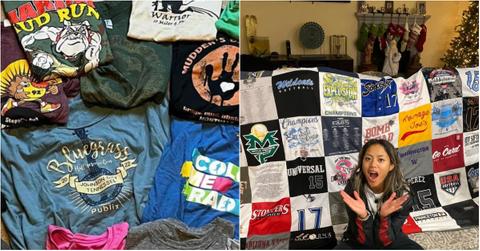 A pile of T-shirts (left), a girl sits on the ground in front of a T-shirt quilt (right).