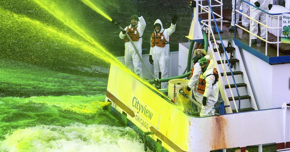 Members of the Chicago Plumbers Union dye the Chicago River green. 