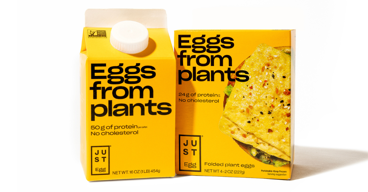 A carton of liquid Just Egg sits next to a box of folded plant eggs