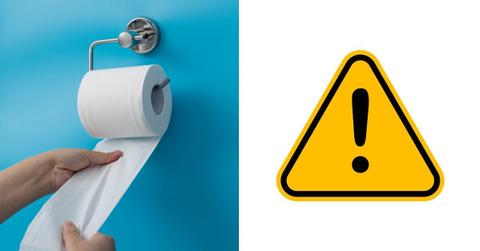(L) A hand pulling toilet paper from the roll. (R) An illustration of the warning sign. (Representative Cover Image Source: Getty Images | (L) Baona, (R) A Mokhtari)