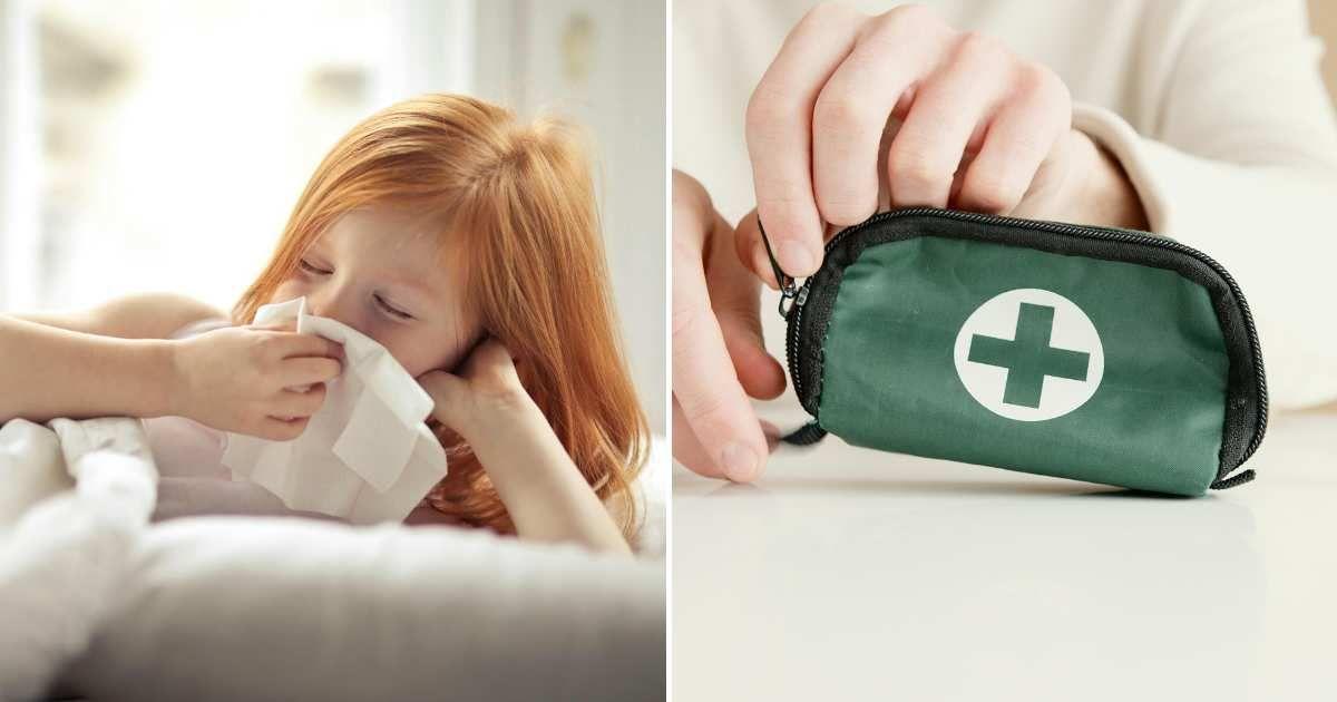 (L) A little girl with flu blows her nose while lying on the bed. (R) A person opens the medical kit bag. (Representative Cover Image Sources: Pexels | (L) Andrea Piacquadio, (R) Artem Podrez)