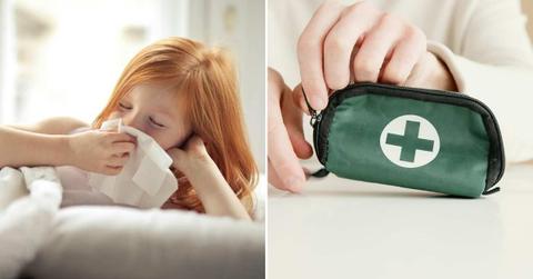 (L) A little girl with flu blows her nose while lying on the bed. (R) A person opens the medical kit bag. (Representative Cover Image Sources: Pexels | (L) Andrea Piacquadio, (R) Artem Podrez)