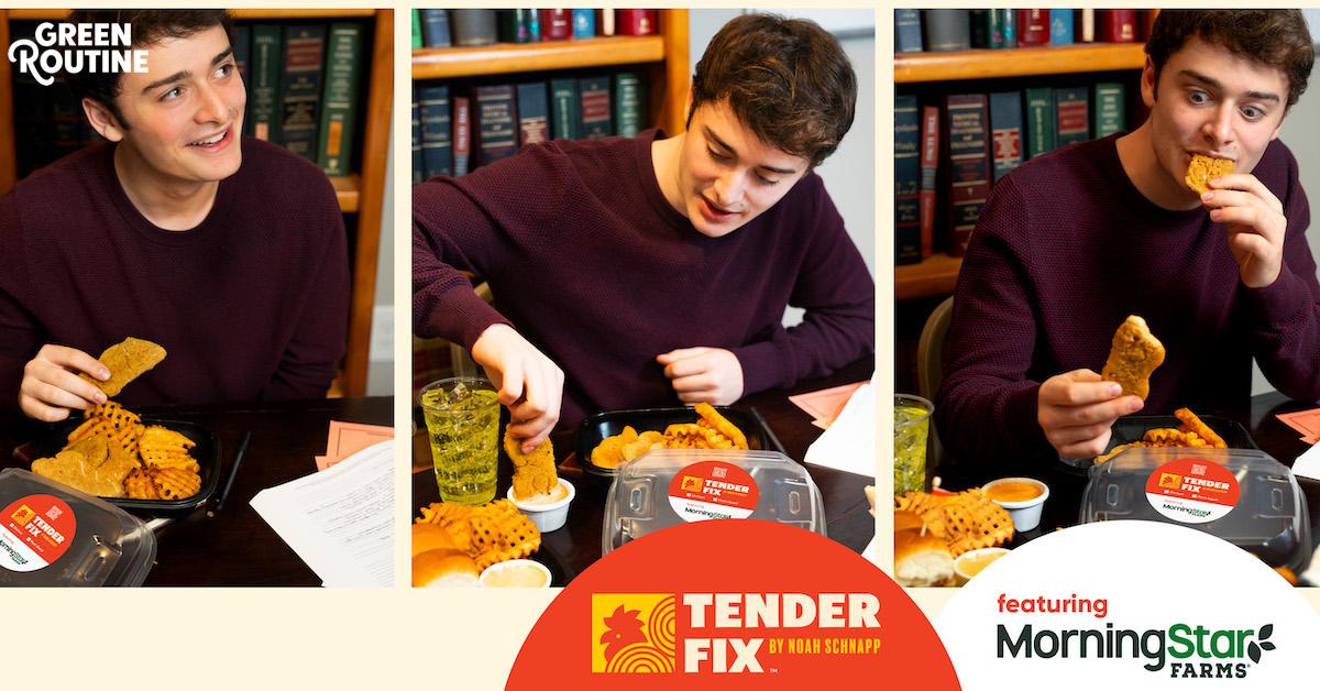 Three side-by-side photos of Noah Schnapp eating MorningStar tenders.