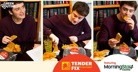 Three side-by-side photos of Noah Schnapp eating MorningStar tenders.