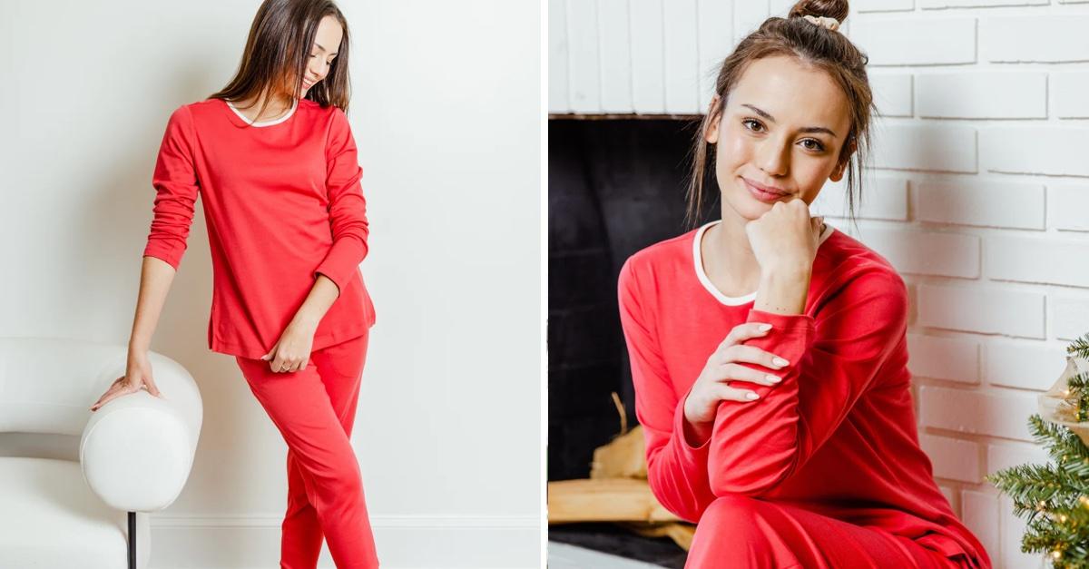 Two shots of a woman in a matching red pajama set