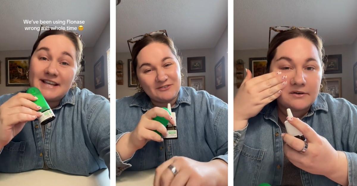 A woman holds up a bottle of Flonase nasal spray to show her followers the correct way to use it