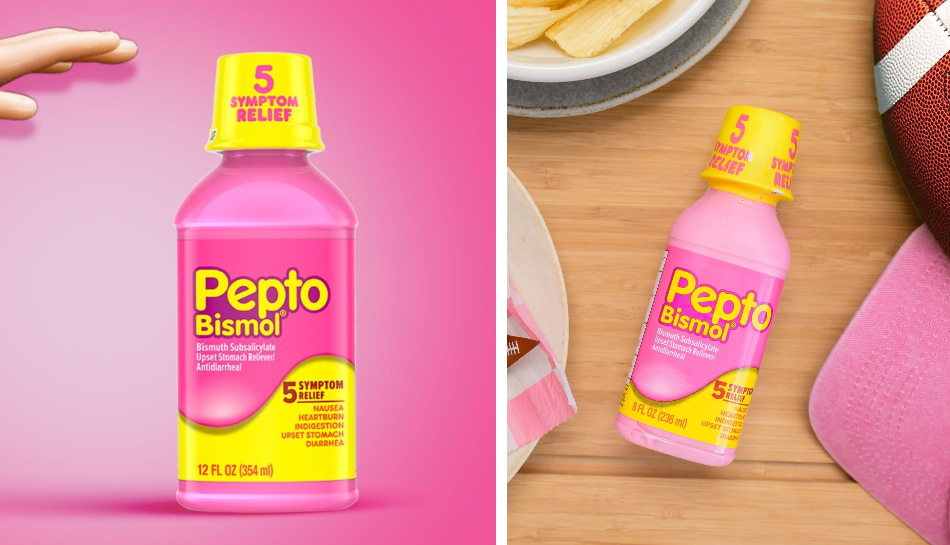 Graphic bottles of Pepto Bismol are pictured.