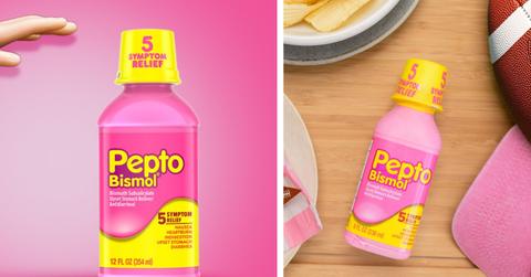 Graphic bottles of Pepto Bismol are pictured.