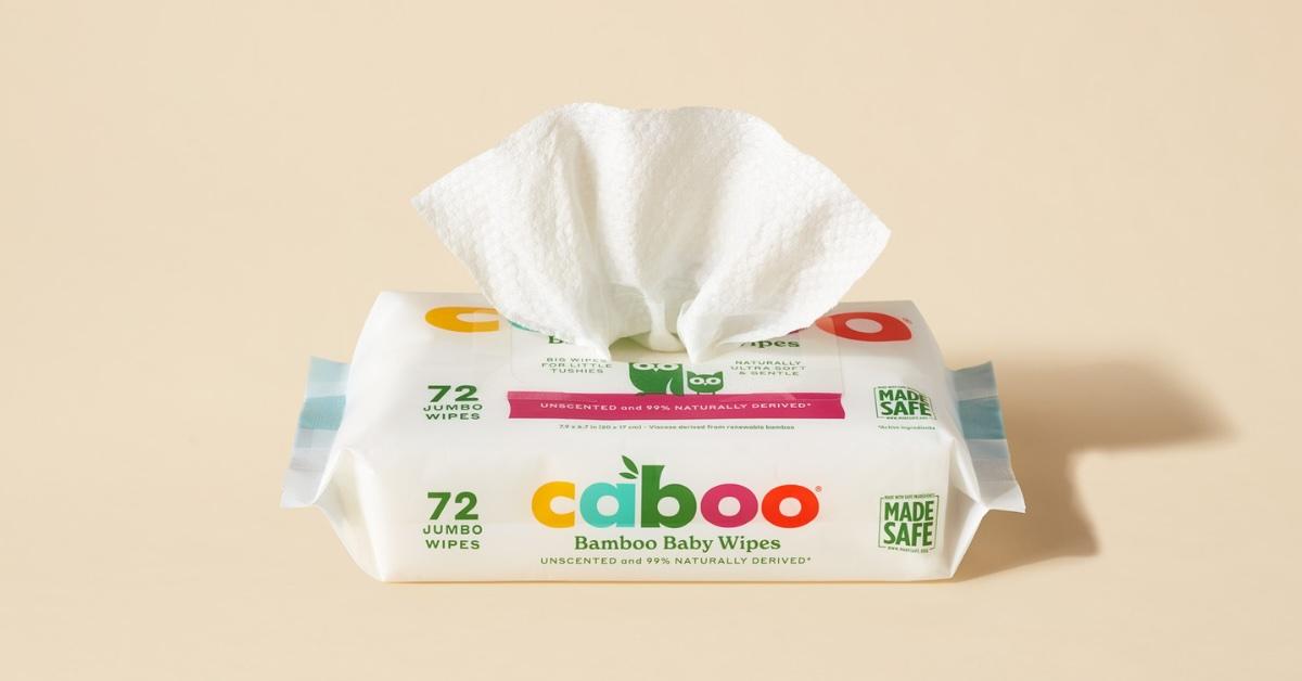 Package of Caboo Bamboo Baby Wipes on beige background 