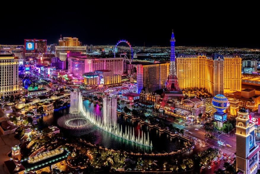 The Las Vegas Strip is pictured illuminated at night time.