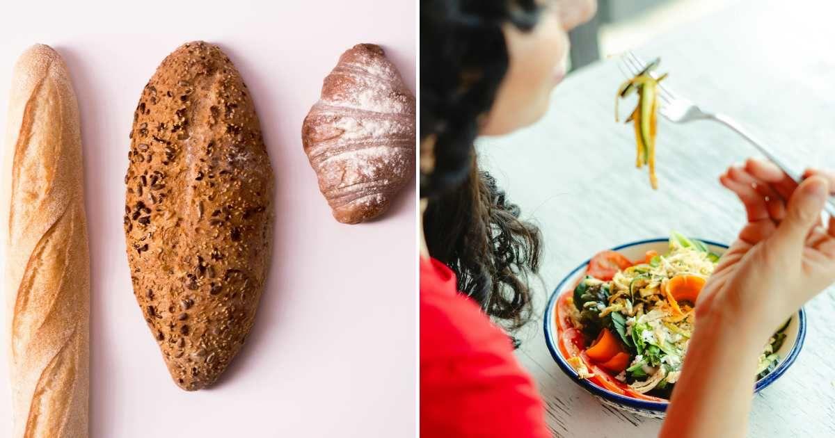 (L) Gluten-based food items. (R) Woman devouring a gluten-free meal. (Representative Cover Image Source: Pexels | (L) Mariana Kurnyk, (R) Heber Vasquez)