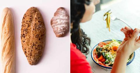 (L) Gluten-based food items. (R) Woman devouring a gluten-free meal. (Representative Cover Image Source: Pexels | (L) Mariana Kurnyk, (R) Heber Vasquez)