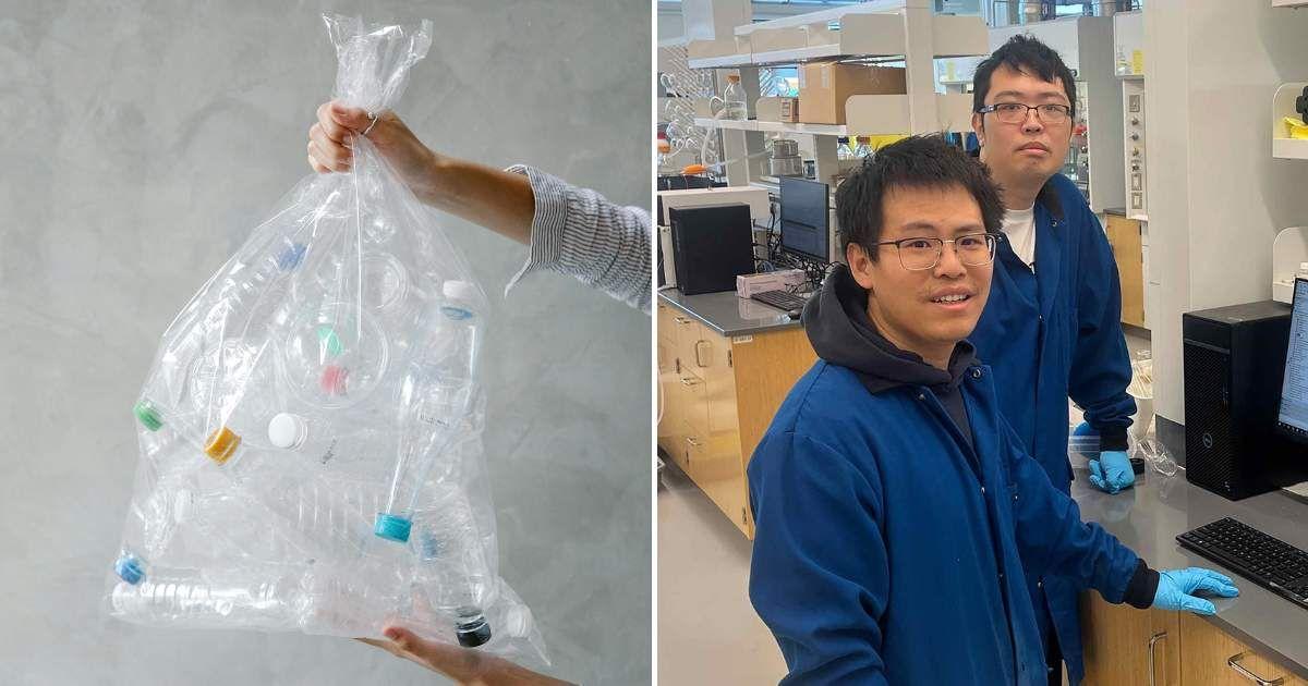 (L) A bag of plastic bottles; (R) Rutgers University researchers. (Cover Image Source: (L) Pexels | Sarah Chai; (R) Rutgers University)