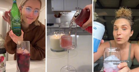 Three different screenshots from TikToks showing how to make a tart cherry juice mocktail.